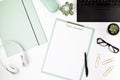 Top view of office desk. Table with laptop and office supplies. Flat lay home office workspace, remote work, distant learning, Royalty Free Stock Photo