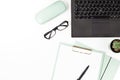 Top view of office desk. Table with laptop and office supplies. Flat lay home office workspace, remote work, distant learning, Royalty Free Stock Photo