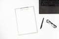 Top view of office desk. Table with laptop and office supplies. Flat lay home office workspace, remote work, distant learning, Royalty Free Stock Photo