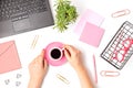 Top view of office desk. Table with laptop and office supplies. Flat lay home office workspace, remote work, distant learning, Royalty Free Stock Photo