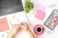 Top view of office desk. Table with laptop and office supplies. Flat lay home office workspace, remote work, distant learning, Royalty Free Stock Photo