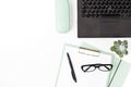 Top view of office desk. Table with laptop and office supplies. Flat lay home office workspace, remote work, distant learning, Royalty Free Stock Photo