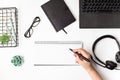 Top view of office desk. Table with laptop and office supplies. Flat lay home office workspace, remote work, distant learning, Royalty Free Stock Photo