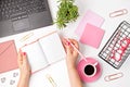 Top view of office desk. Table with laptop and office supplies. Flat lay home office workspace, remote work, distant learning,