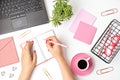 Top view of office desk. Table with laptop and office supplies. Flat lay home office workspace, remote work, distant learning, Royalty Free Stock Photo