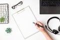 Top view of office desk. Table with laptop and office supplies. Flat lay home office workspace, remote work, distant learning, Royalty Free Stock Photo