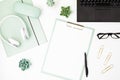 Top view of office desk. Table with laptop and office supplies. Flat lay home office workspace, remote work, distant learning, Royalty Free Stock Photo