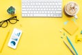 Top view of office desk table with modern accessories,supplies on color background.flat lay Royalty Free Stock Photo