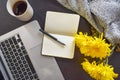 Top view of an office mock up with a laptop, notebook and pen, cup of coffee Royalty Free Stock Photo