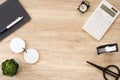 Top view office stationery on wooden table with copy space.student stuff on desk.education concept