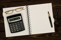 Top view office table desk. Financial report. Flat lay. Workspace with Business office supplies, empty sheet of paper, pen, Royalty Free Stock Photo