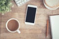 Top view of office table . On desk have notebook coffee cup laptop smartphone and pencil