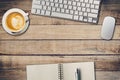 Top view office table with notepad, computer and coffee cup Royalty Free Stock Photo