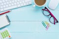 Top view office table with workspace and office accessories Royalty Free Stock Photo