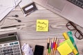 Top view office work accessories and sticky note with deadline today. Royalty Free Stock Photo