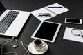 Top view of office workplace with digital gadgets Royalty Free Stock Photo