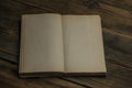 Old blank book open on the wood table Royalty Free Stock Photo