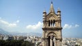 Top view of old Christian Church on background of panorama of city. Action. Beautiful historic architecture of Christian Royalty Free Stock Photo