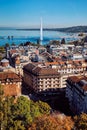 Top view of the old city and the fountain on the lake in Geneva, Switzerland Royalty Free Stock Photo