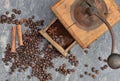 Old coffee grinder full of coffee and beans with spices on grey marble Royalty Free Stock Photo