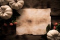 Top view of old paper with white ghost pumpkins