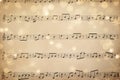 Top view of old sheet with Christmas music notes as background, snowflakes and bokeh effect Royalty Free Stock Photo