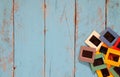 Top view of old slides frames over wooden background