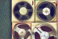 Top view of old sound recording tape, reel to reel type and box