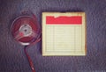 Top view of old sound recording tape, reel to reel type and box with room for text. filtered image Royalty Free Stock Photo