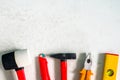 Top view old tools for repair and construction. Home renovation. Flat lay and copy space Royalty Free Stock Photo