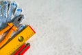 Top view old tools for repair and construction. Home renovation. Flat lay and copy space Royalty Free Stock Photo