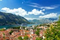 Top view of the old town and big ship in Kotor, Montenegro Royalty Free Stock Photo