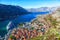 Top view of the old town and big ship in Kotor Royalty Free Stock Photo