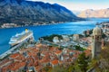 Top view of the old town and big ship in Kotor Royalty Free Stock Photo