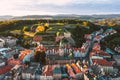 Top view of the old town in Klodzko, a city at the foot of the fortress, a beautiful Polish cityscape at sunset