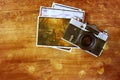 Top view of old vintage camera and picture Royalty Free Stock Photo
