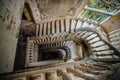 Top view of old vintage decorated staircase in abandoned mansion