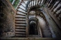 Top view of old vintage decorated staircase in abandoned mansion Royalty Free Stock Photo