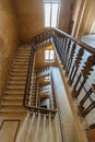 Top view of old vintage decorated staircase in abandoned mansion