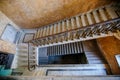 Top view of old vintage decorated staircase in abandoned mansion