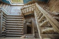 Top view of old vintage decorated staircase in abandoned mansion