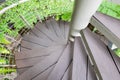 Top view of old, vintage and grunge wooden ladder or stairway in spiral and round shape with beautiful surface texture. It shows