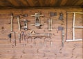 Top view of old woodworking tools, axe, planer, saw. Tools neatly arranged Royalty Free Stock Photo