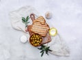 Olives and fresh bread on a table, Royalty Free Stock Photo