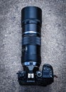 Top view of an Olympus EM1X with M.Zuiko 300MM f4 PRO lens Royalty Free Stock Photo