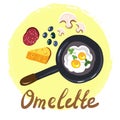 Top view omellete cooking ingredients cartoon free hand drawn style illustration