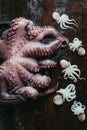 top view of one big octopus in saucepan and small octopuses on rusty