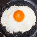 Top view of one fried egg in black frypan Royalty Free Stock Photo