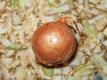 Top view of an onion lying on potato peelings