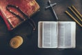 top view of open bible with cross and rosary Royalty Free Stock Photo